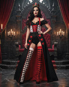 Queen-style corset bodysuit costume with red heart motifs, checker-and-diamond tights, crown