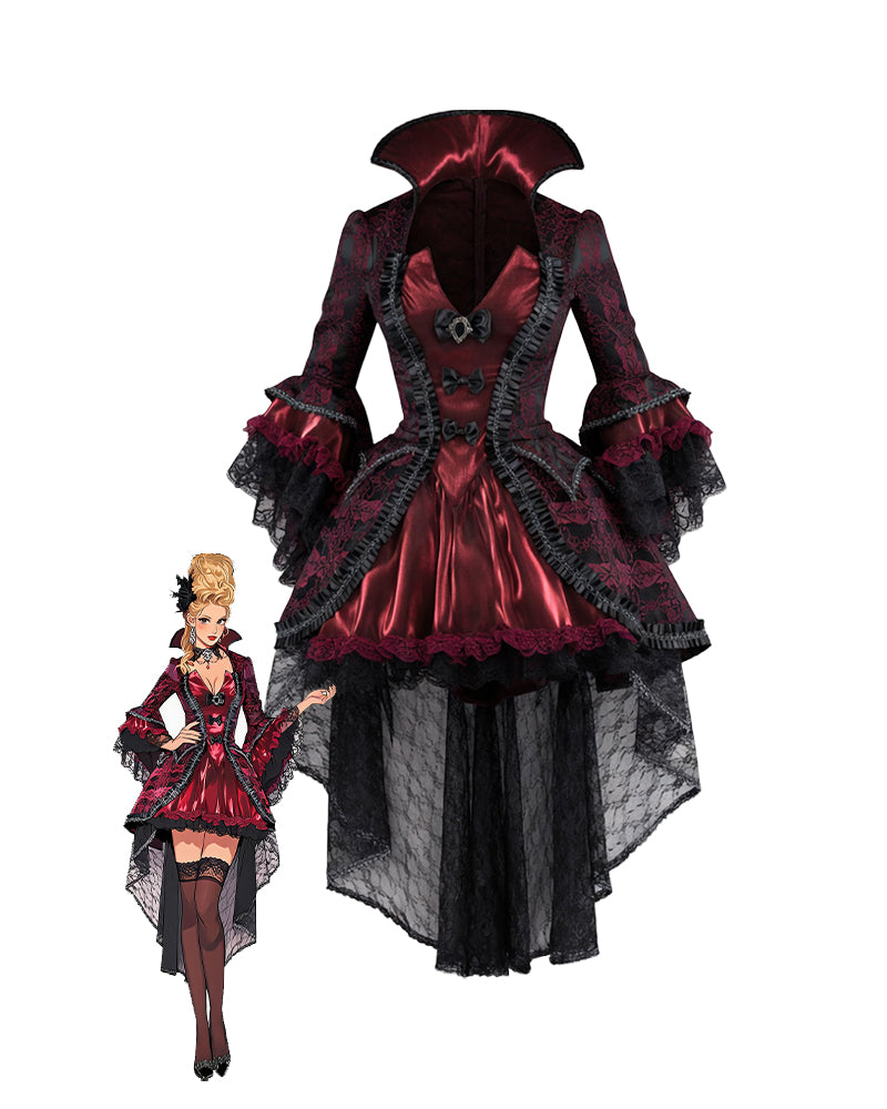 Dark red gothic corset maxi dress with stand collar, lace sleeves, layered ruffle skirt
