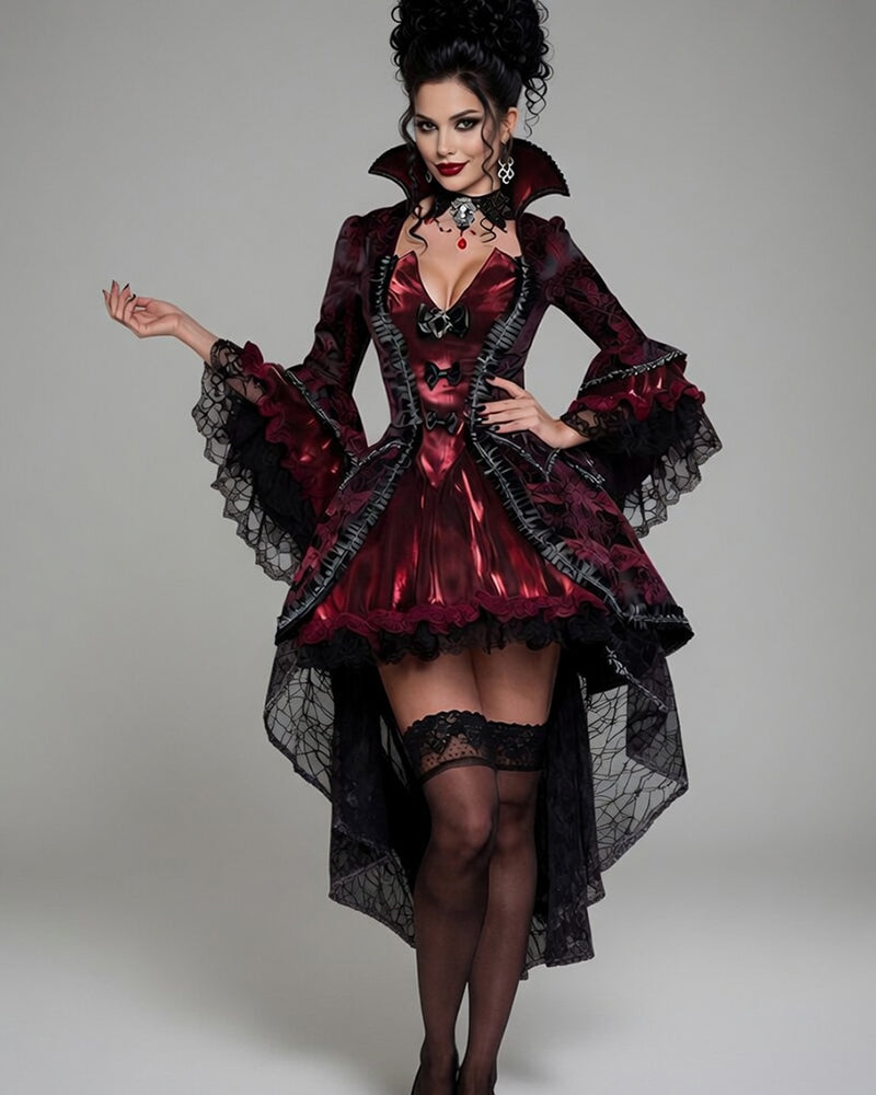 Dark red gothic corset dress with stand collar, lace gloves, layered ruffle skirt