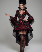 Dark red gothic corset dress with stand collar, lace gloves, layered ruffle skirt