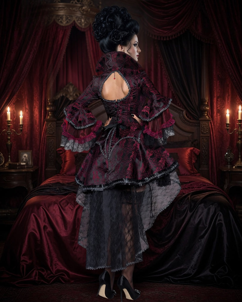 Back view dark red gothic corset dress with stand collar, lace sleeves, ruffled layered hem