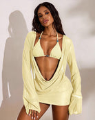Yellow sheer long-sleeve bikini set with draped cover-up, triangle bikini top and mini bottom
