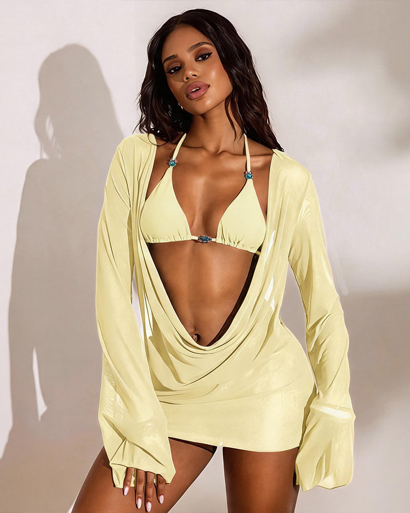 Yellow sheer long-sleeve bikini set with draped cover-up, triangle bikini top and mini bottom