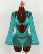 Sheer crochet bikini set with long sleeve cover-up, turquoise V-neck and flared sleeves