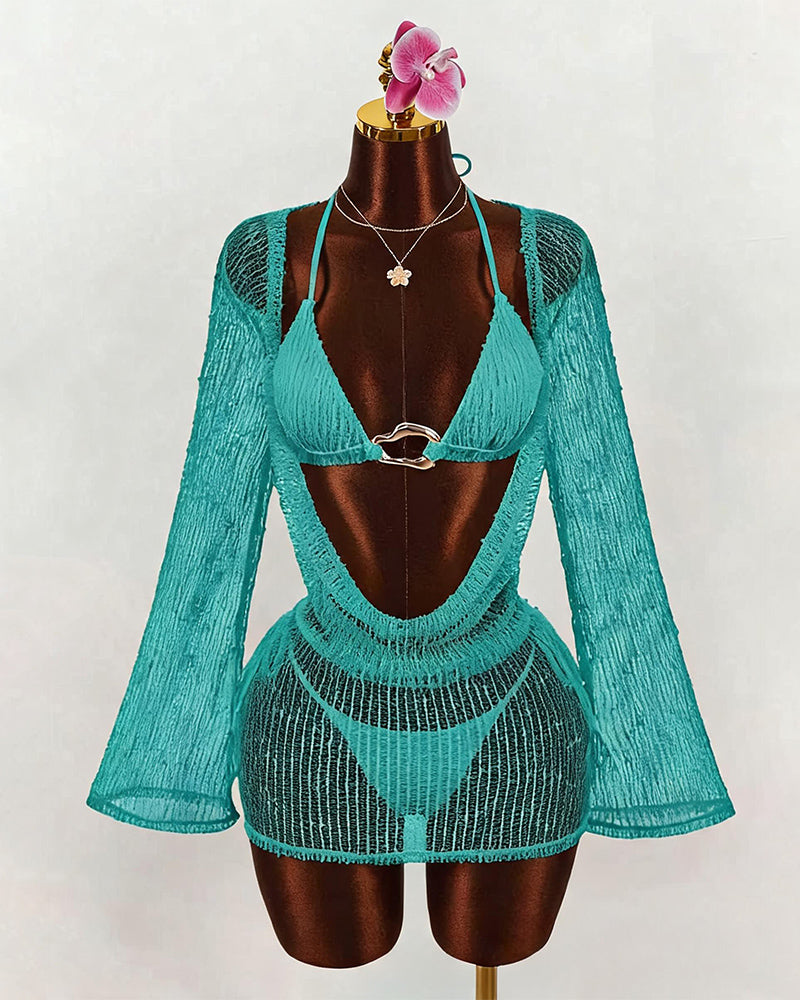 Sheer crochet bikini set with long sleeve cover-up, turquoise V-neck and flared sleeves