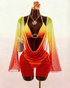 Sheer crochet bikini with long sleeve cover-up, rainbow gradient orange and lime