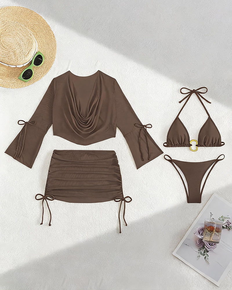 Coffee bikini set: long-sleeve sheer cover-up, ruched mini skirt, triangle swim top