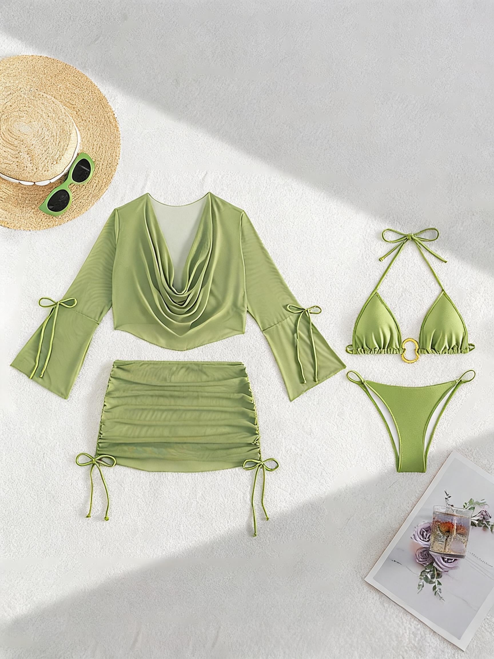 Green bikini set: long-sleeve sheer cover-up, ruched mini skirt, triangle swim top