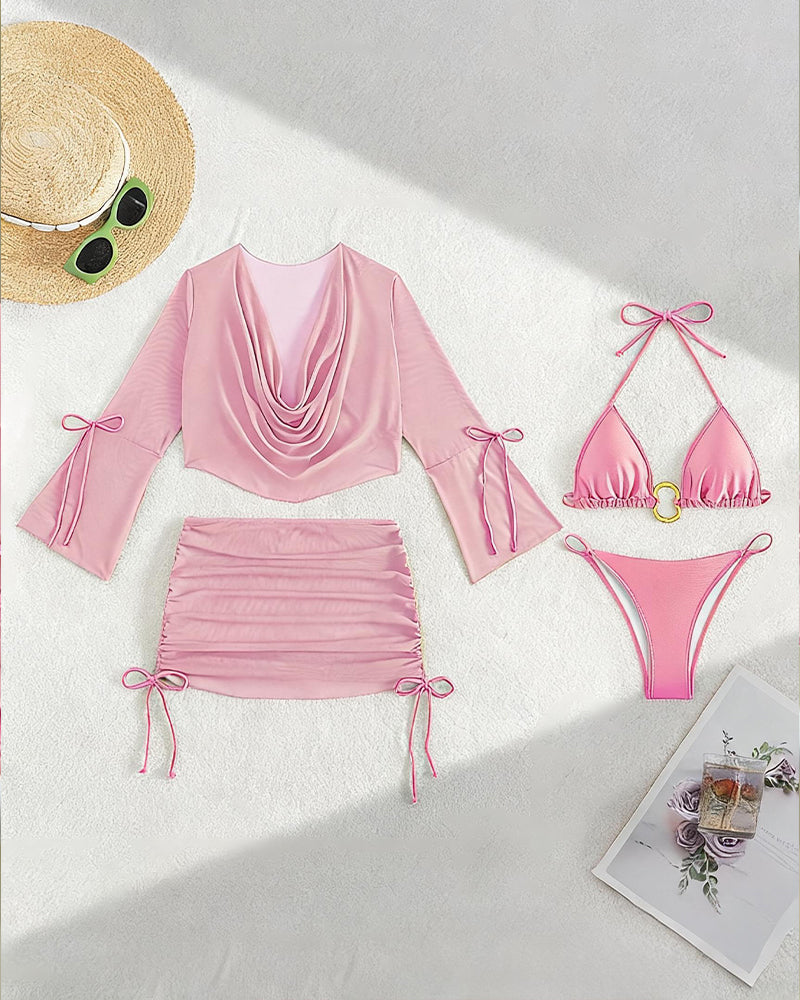 Pink 3-piece bikini set: draped long-sleeve cover up, ruched skirt, triangle bikini