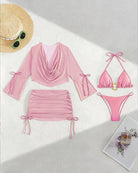 Pink 3-piece bikini set: draped long-sleeve cover up, ruched skirt, triangle bikini