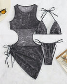 Black camo sheer mesh cover-up dress with triangle bikini top and matching bottoms.