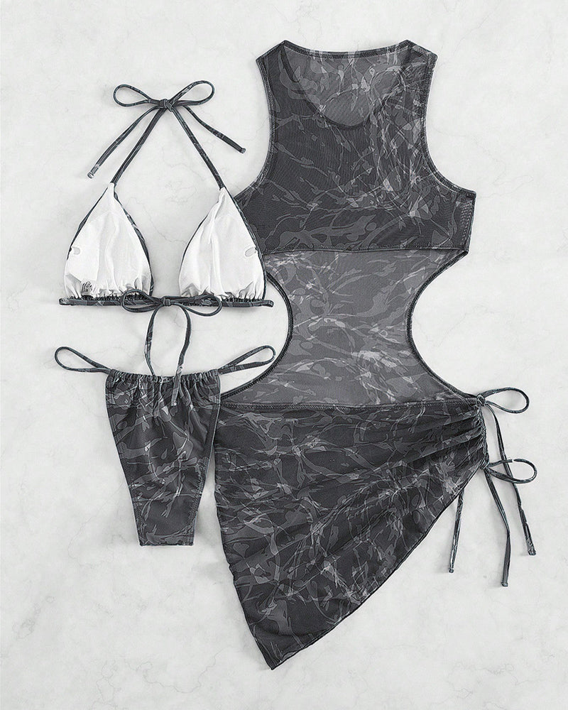 Black camo sheer mesh cover-up dress with halter bikini top and side-tie bottoms.