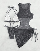 Black camo sheer mesh cover-up dress with halter bikini top and side-tie bottoms.