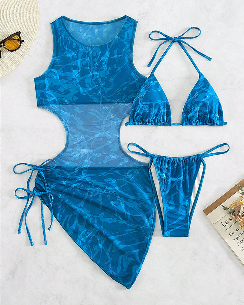Blue camo sheer mesh cover-up dress with halter triangle bikini top and matching bottoms.