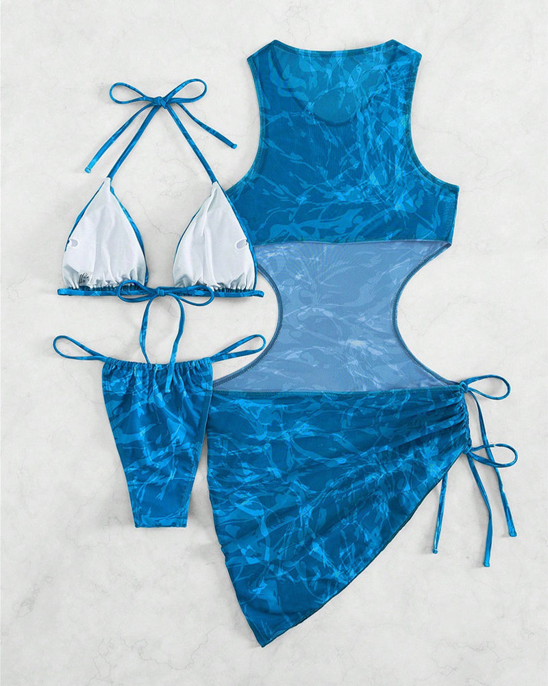 Blue camo sheer mesh cover-up dress with triangle bikini top and side-tie bottoms.