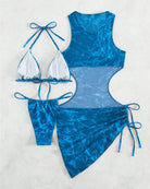 Blue camo sheer mesh cover-up dress with triangle bikini top and side-tie bottoms.
