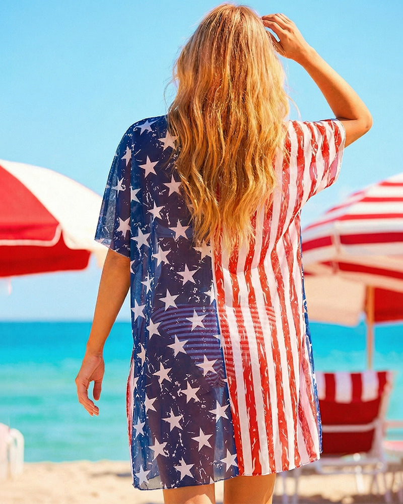 American flag bikini set with sheer cover up, back view; star-and-stripe bikini with draped cover up