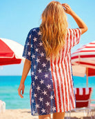 American flag bikini set with sheer cover up, back view; star-and-stripe bikini with draped cover up