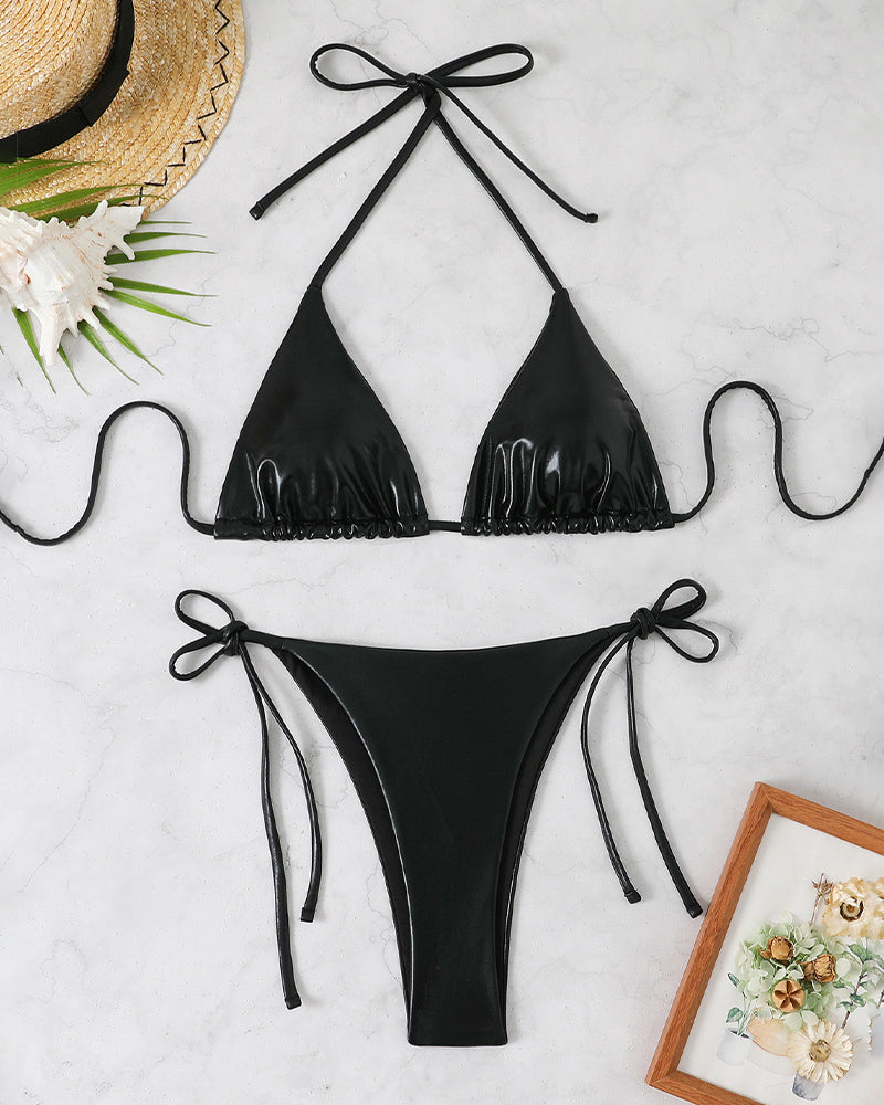 Black shiny metallic bikini set with triangle halter top and side-tie bottoms