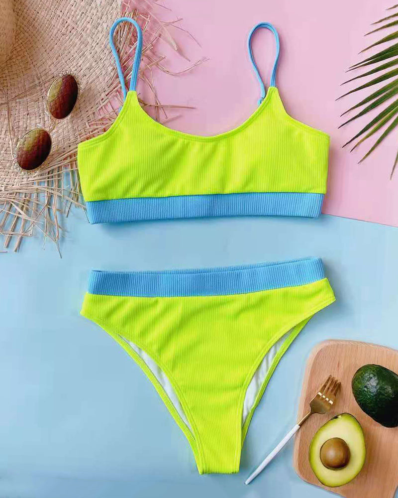 Neon green ribbed crop bikini set with blue trim, matching scoop top and high-waist briefs