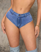 Blue high-waisted denim cheeky shorts with front button and belt loops