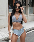 Light blue denim plunge crop top bralette with deep V neckline and stitched band