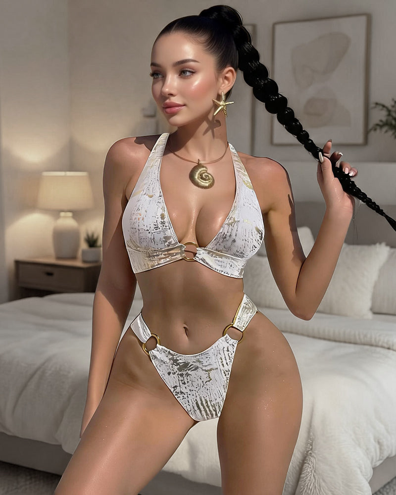 Metallic foil white bikini set with triangle halter top and ring-detail bottoms