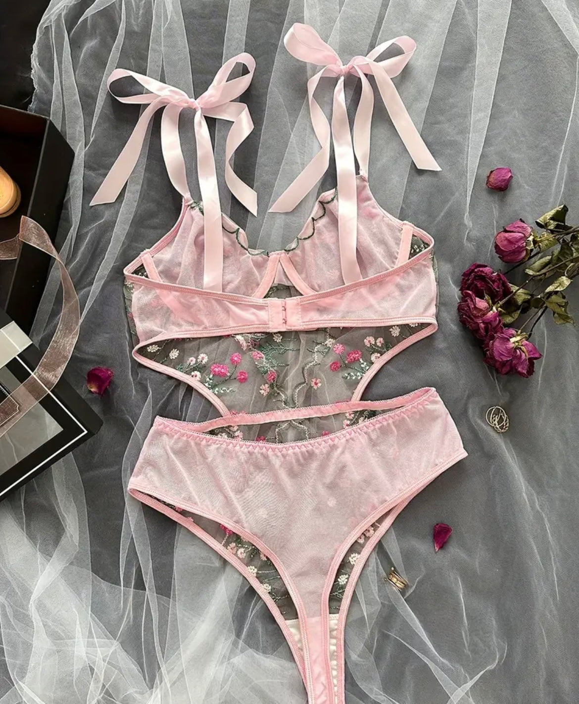 Pink floral embroidered sheer bra and high-rise briefs set with bow ribbons