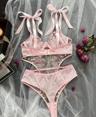 Pink floral embroidered sheer bra and high-rise briefs set with bow ribbons
