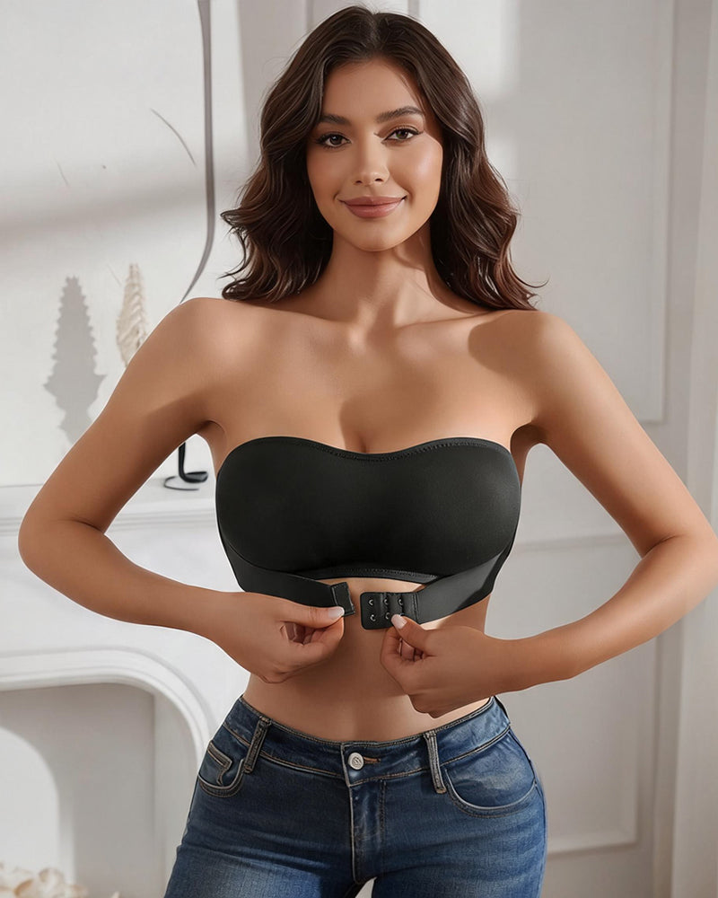 Black strapless bandeau top with buckle-front detail and molded cups