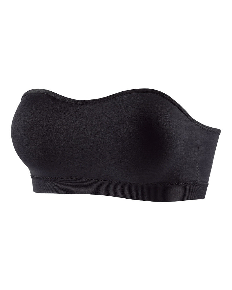 Black seamless strapless bandeau bra with padded tube shape