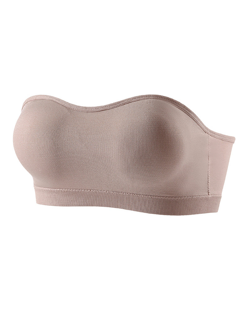 Light pink seamless strapless bandeau bra with padded tube shape