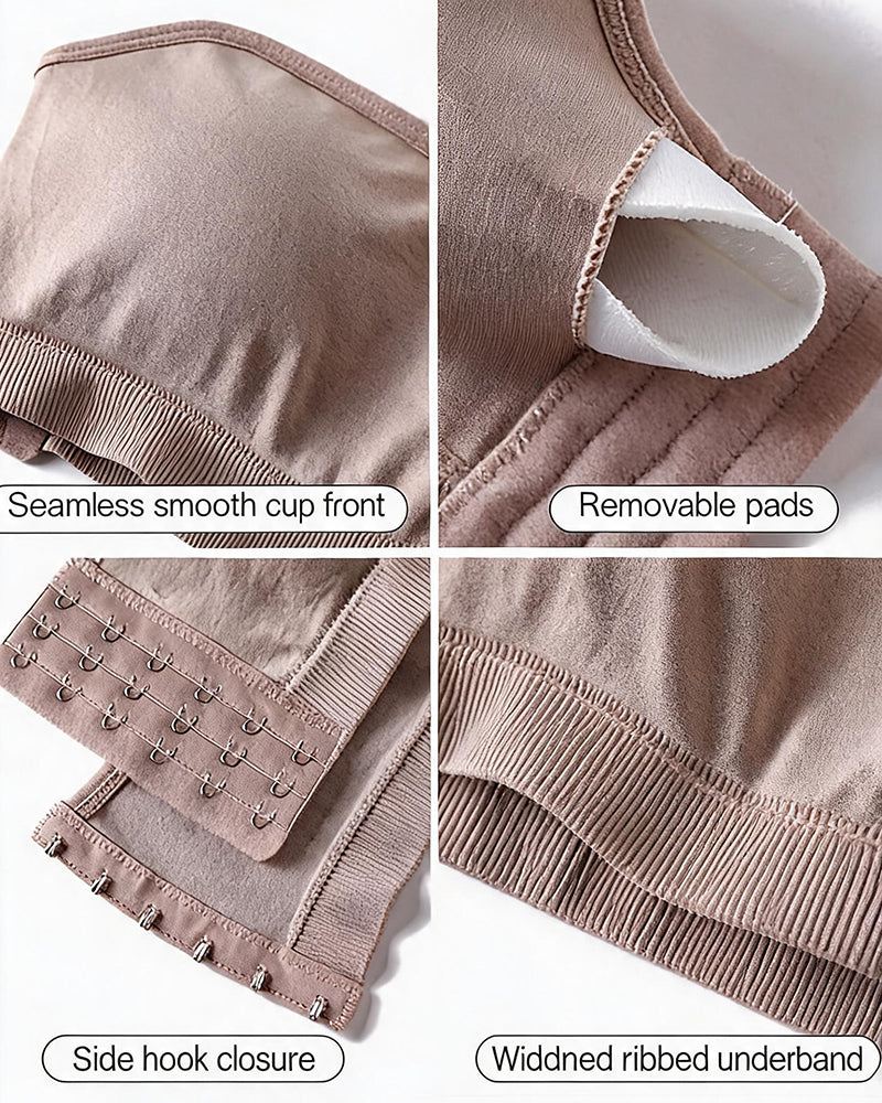 Beige strapless bandeau bra with side hook closure, removable pads, wide ribbed band