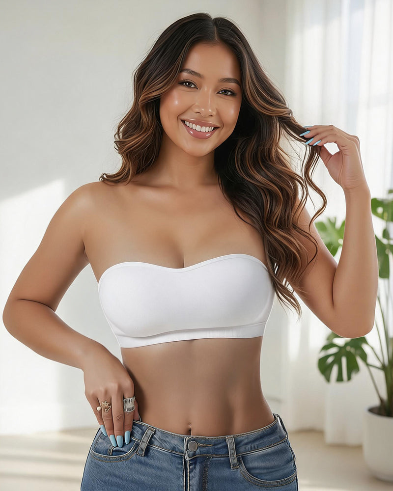 White strapless bandeau bra, seamless padded tube top