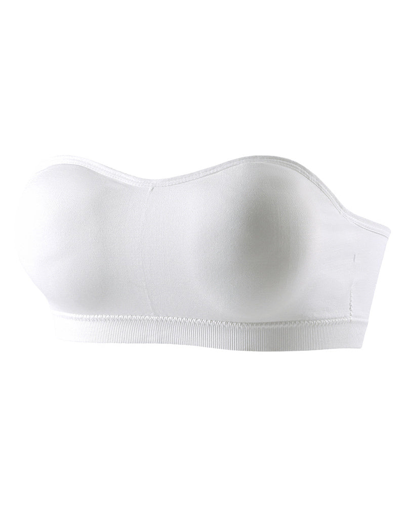 White seamless strapless bandeau bra with padded tube shape