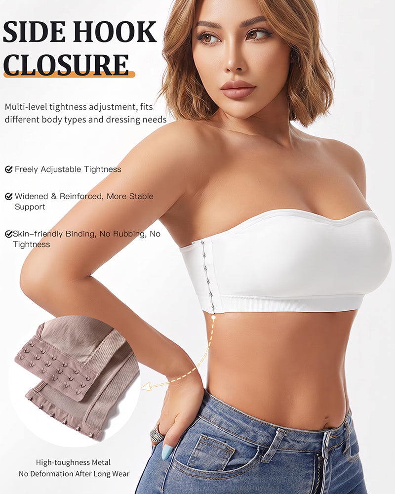 White strapless bandeau bra with side hook closure and wide reinforced underband