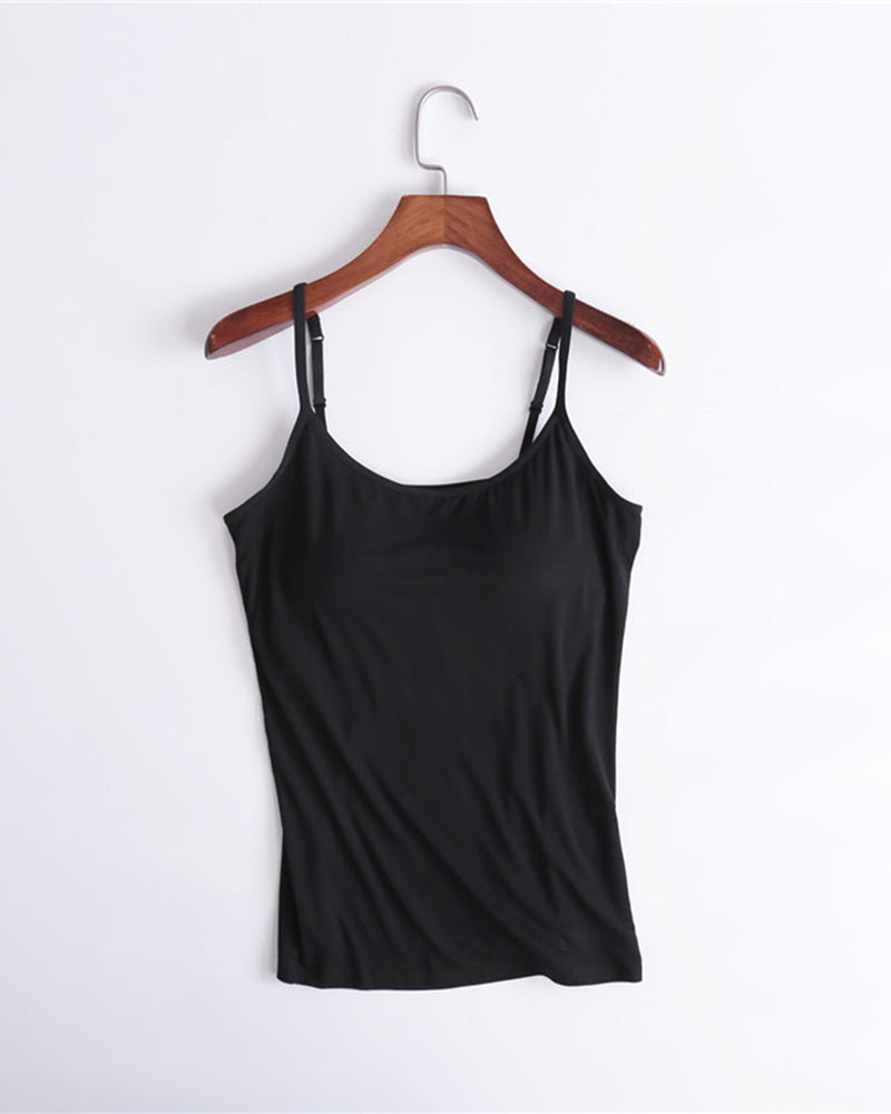 Built-in bra spaghetti strap tank top, black scoop neck