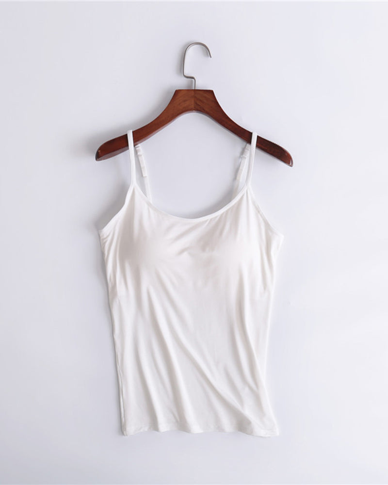 Built-in bra spaghetti strap tank top, white scoop neck