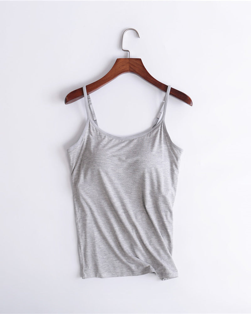 Built-in bra spaghetti strap tank top, light gray scoop neck