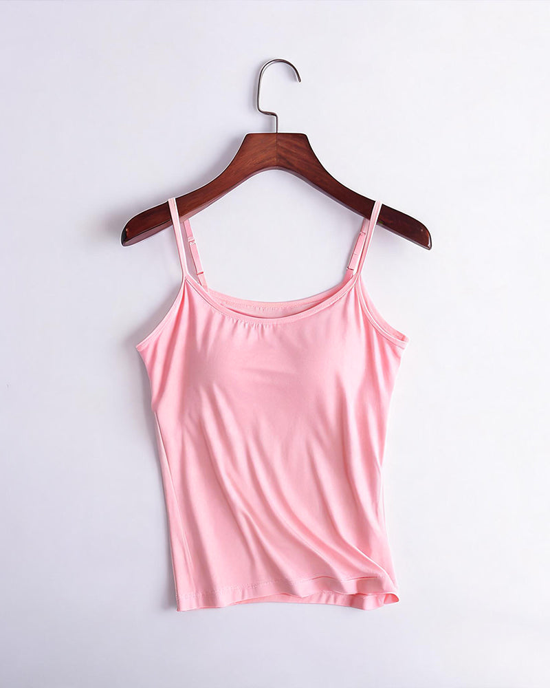Built-in bra spaghetti strap tank top, light pink scoop neck