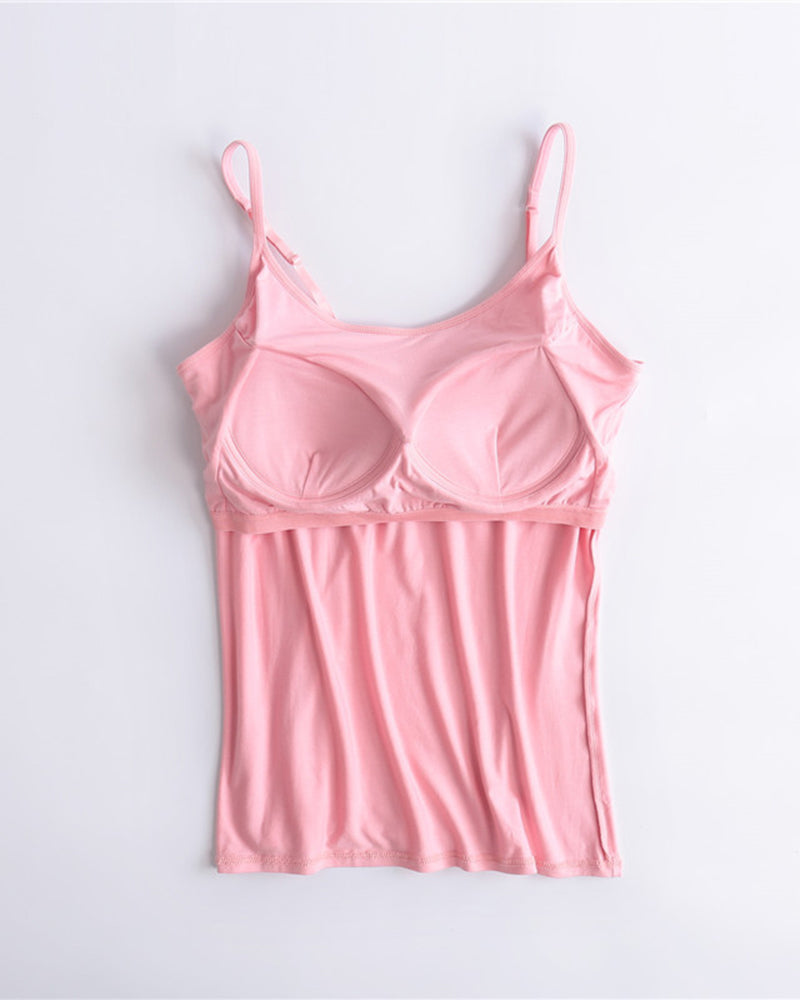 Built-in bra spaghetti strap tank top, pink with molded cups