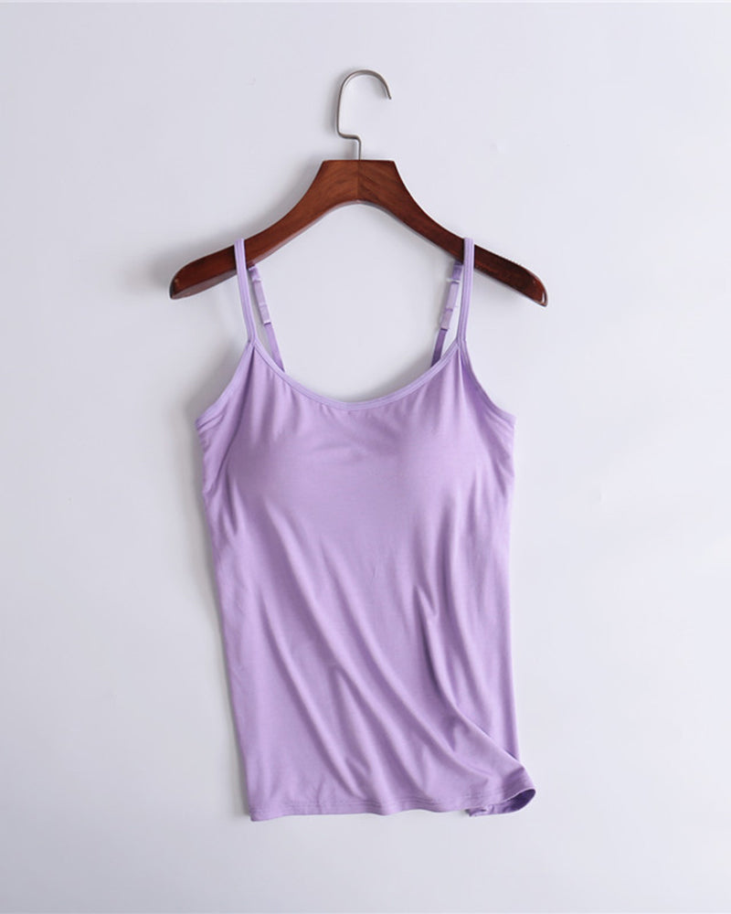 Built-in bra spaghetti strap tank top, lavender scoop neck