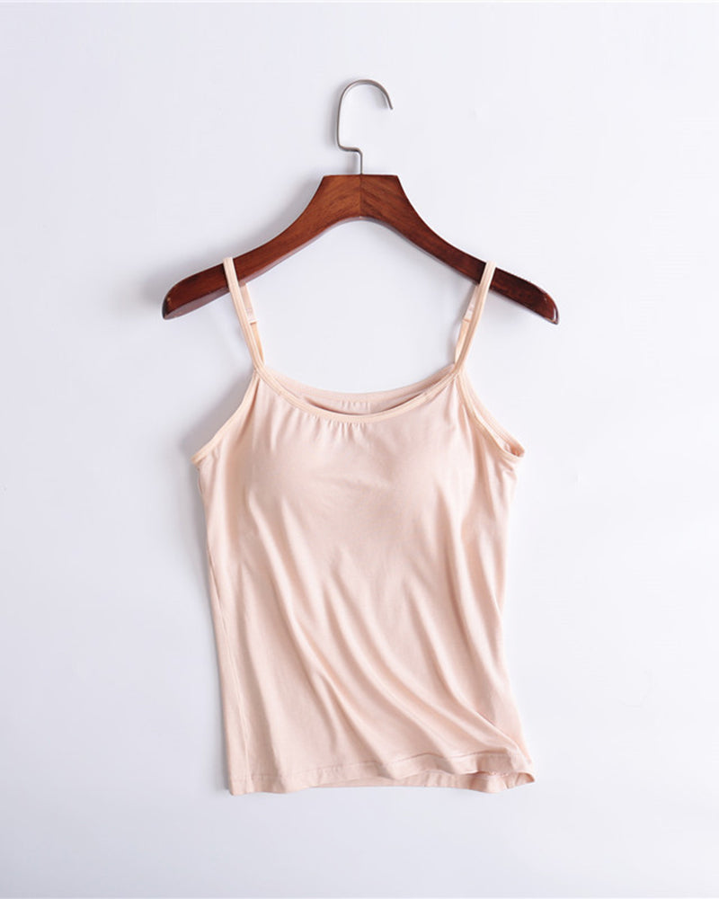 Built-in bra spaghetti strap tank top, beige scoop neck