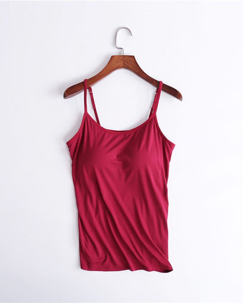 Built-in bra spaghetti strap tank top, wine red scoop neck