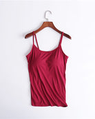 Built-in bra spaghetti strap tank top, wine red scoop neck
