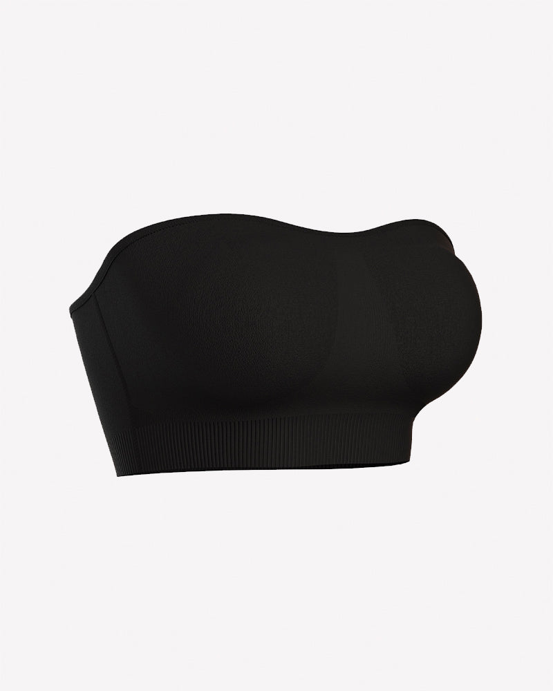 Black strapless bandeau bra with removable chest pads and ribbed hem