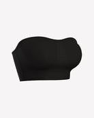 Black strapless bandeau bra with removable chest pads and ribbed hem