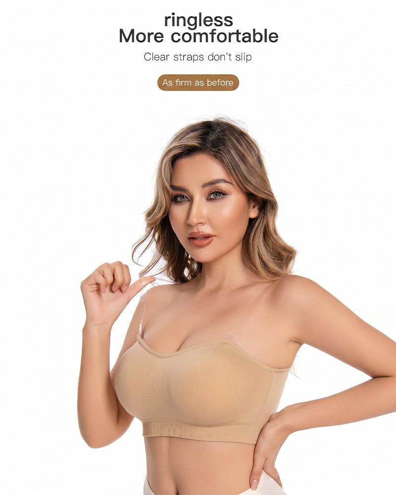 Beige strapless bandeau bra with molded cups and smooth strapless neckline
