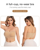 Nude strapless bandeau bra with molded cups and ribbed bottom band