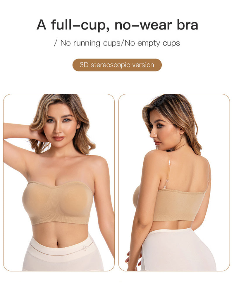 Nude strapless bandeau bra with molded cups and ribbed bottom band